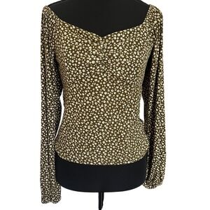 Y2K Women M Floral‎ Long Sleeve Olive Green Sweetheart Neck